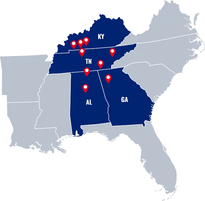 Lookout Pest Control service area map - Pest Control and Extermination services in the Southeastern United States - Chattanooga TN | Nashville TN | Knoxville TN | Atlanta GA | Huntsville AL | Birmingham AL | Bowling Green KY | Hopkinsville KY | Russellville KY