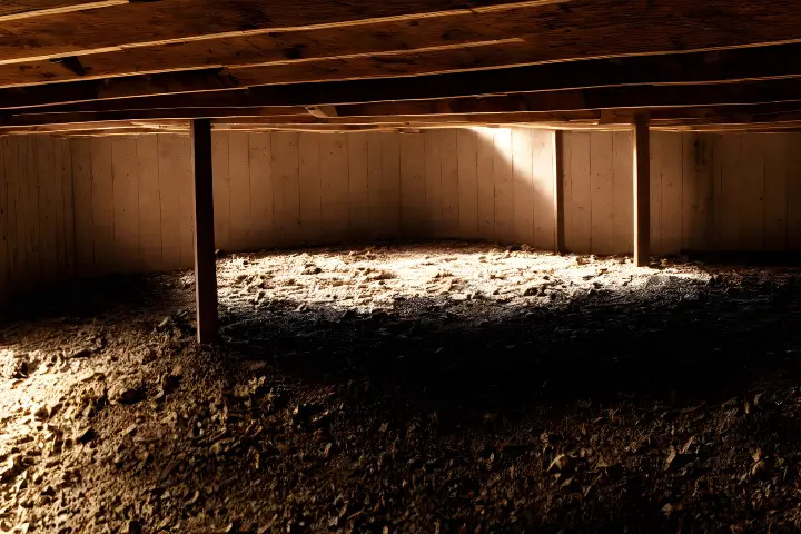 Crawl space under house with wood beams and ceiling frames | Lookout Pest Control