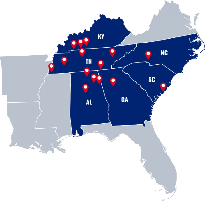 Lookout Pest Control service area map - Pest Control and Extermination services in the Southeastern United States - Chattanooga TN | Nashville TN | Knoxville TN | Jackson TN | Memphis TN | Crosville TN | Atlanta GA | Huntsville AL | Birmingham AL | Cedar Bluff AL | Bowling Green KY | Hopkinsville KY | Russellville KY | Charlotte NC | Charleston SC